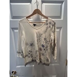 Talbots Petites Ivory w Ink Outline Floral Sweater Silk Cotton Blend Sz LP